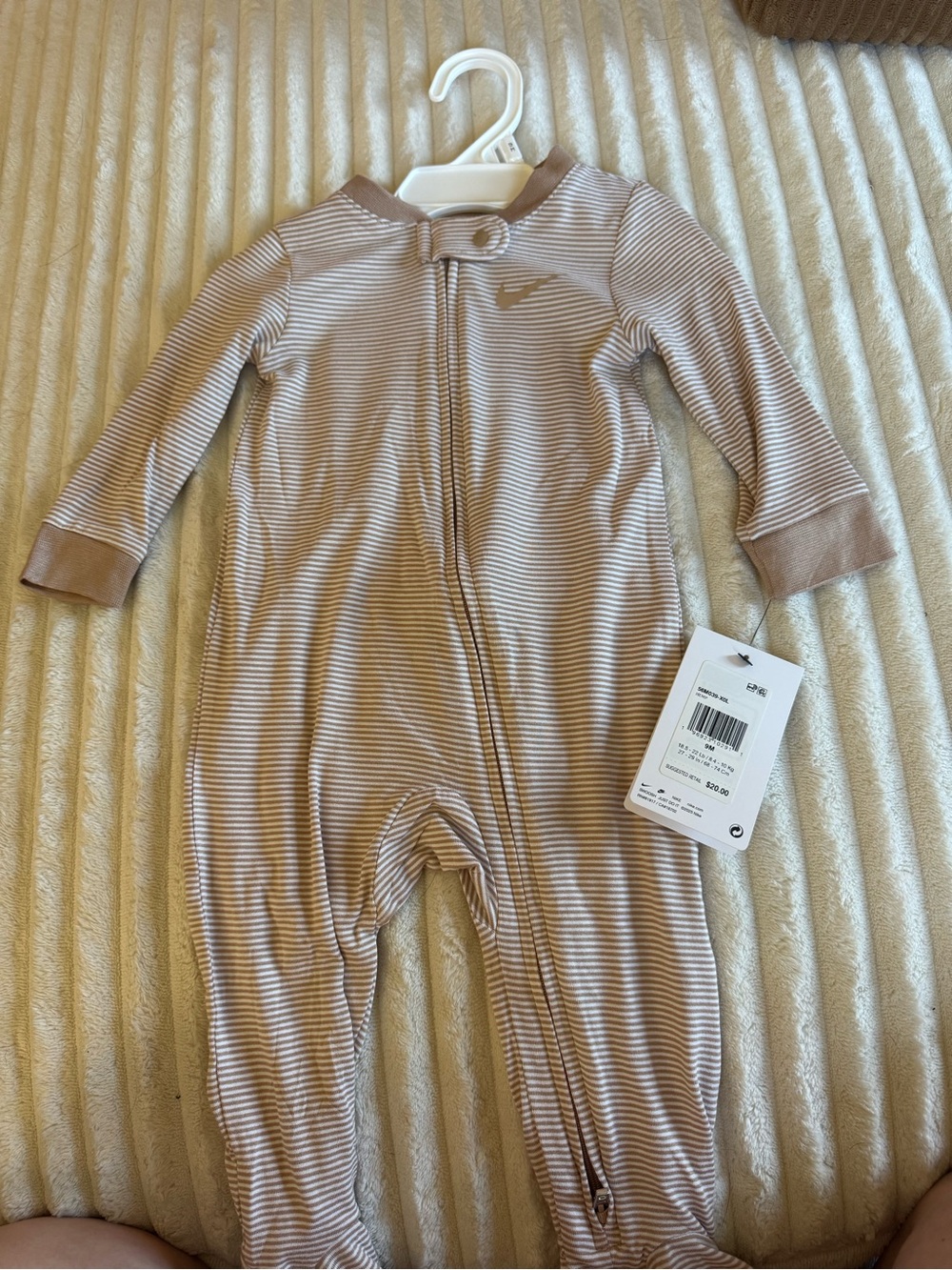 Nike Tan and White Striped Baby One-Piece Footie